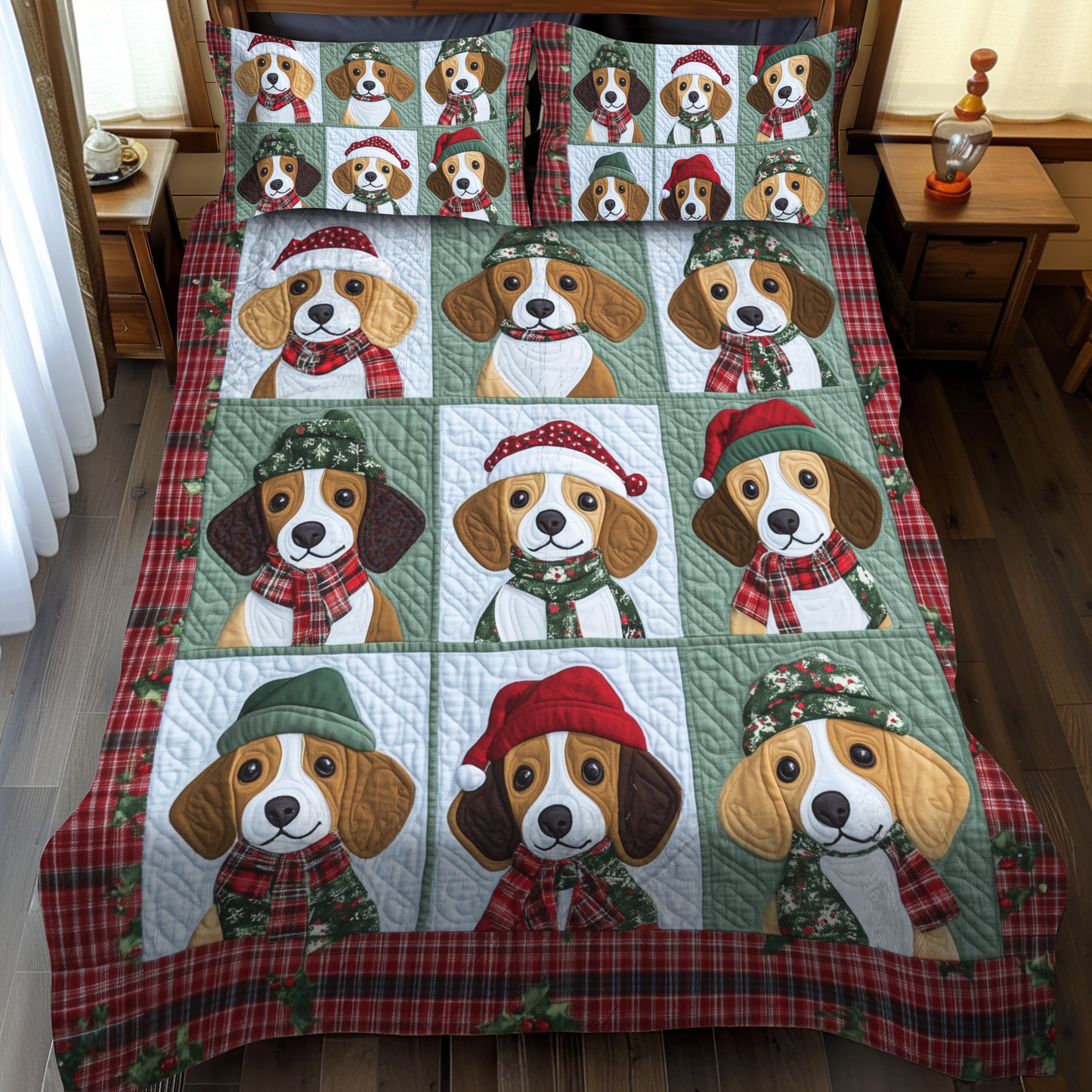 Beagle Candy Cane Dreams 3-Piece Quilted Bedding Set - Single (59" x 70")