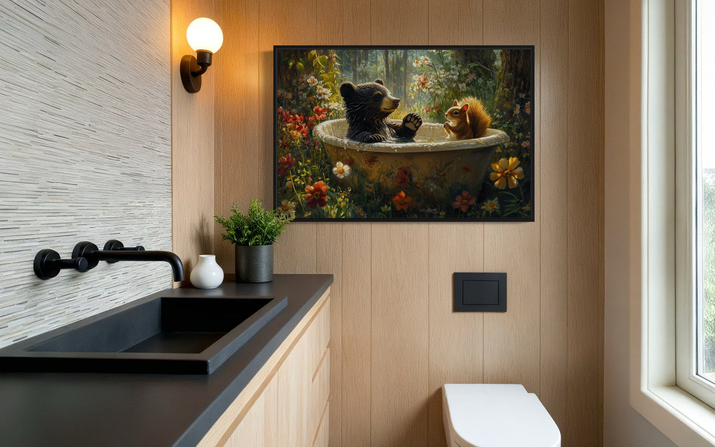 Bear And Squirrel In a Bathtub Framed Canvas Wall Art