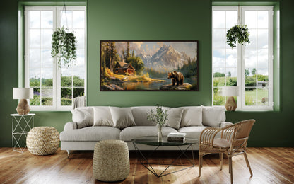 Bear Cabin Wall Art - Framed Mountain Cabin Canvas | Rustic Lake House Decor