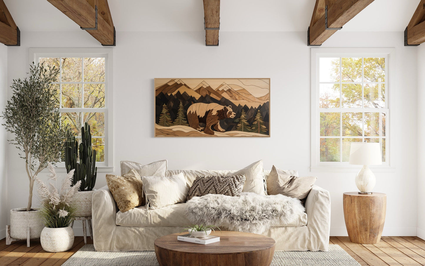 Bear Cabin Wall Art - Rustic Mountain Landscape Wood Panel Canvas Decor
