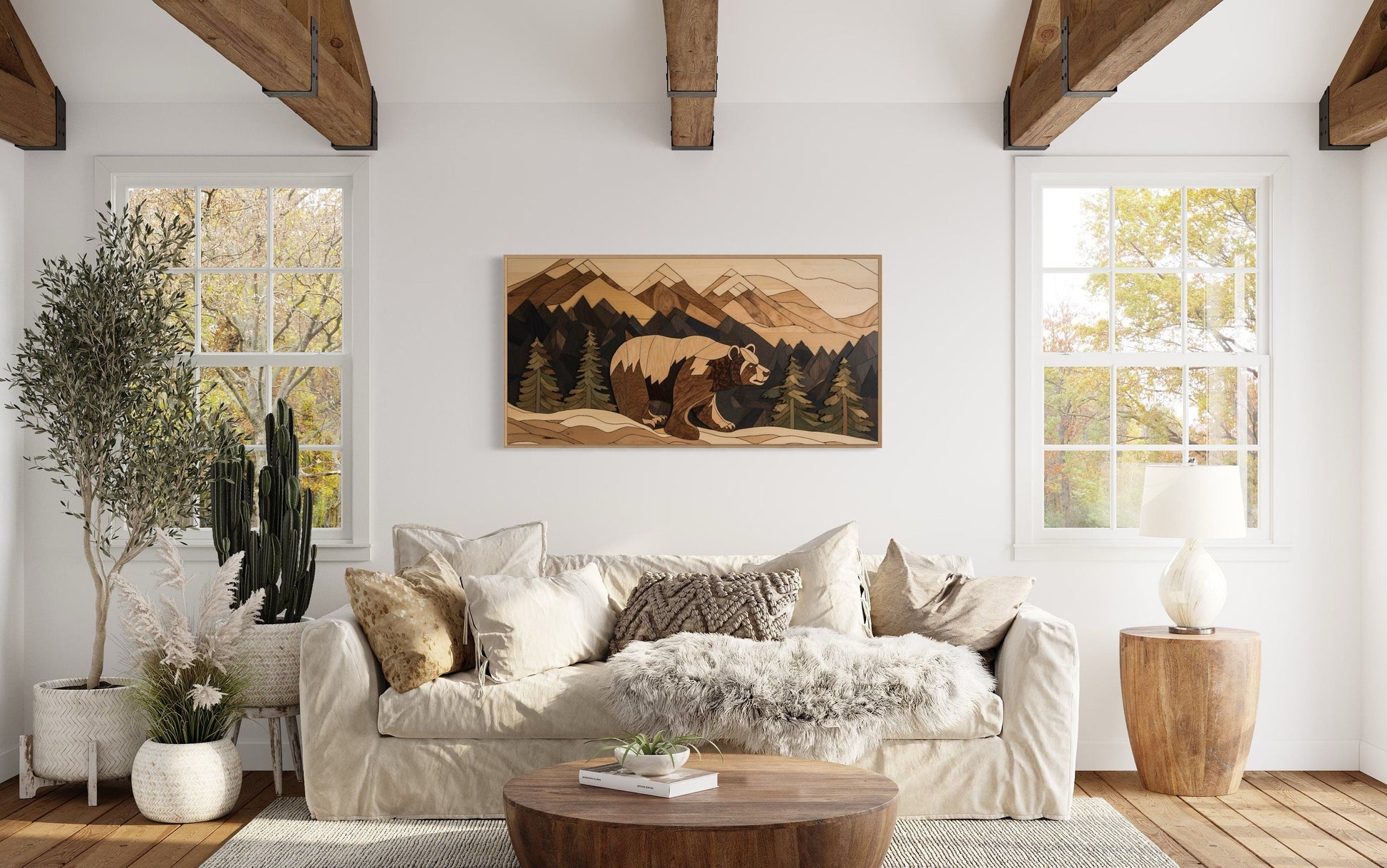 Bear Cabin Wall Art - Rustic Mountain Landscape Wood Panel Canvas Decor