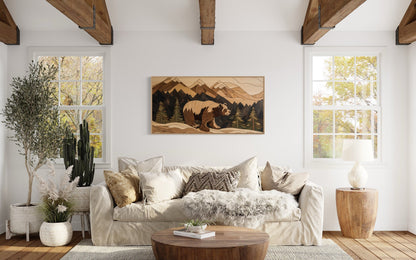 Bear Cabin Wall Art - Rustic Mountain Landscape Wood Panel Canvas Decor