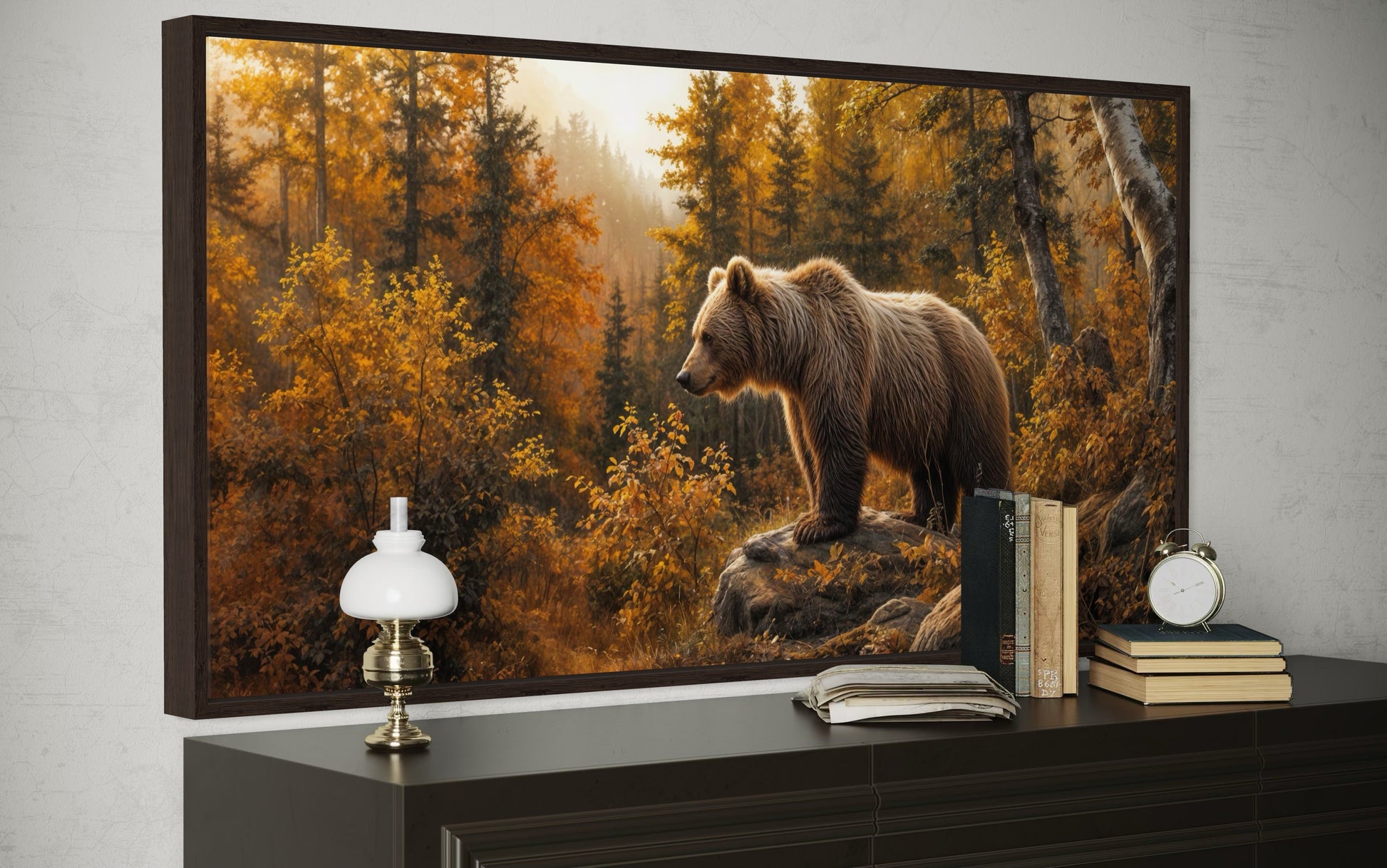 Grizzly Bear In Autumn Forest Photo Style Painting Canvas Wall Art For Cabin Decor