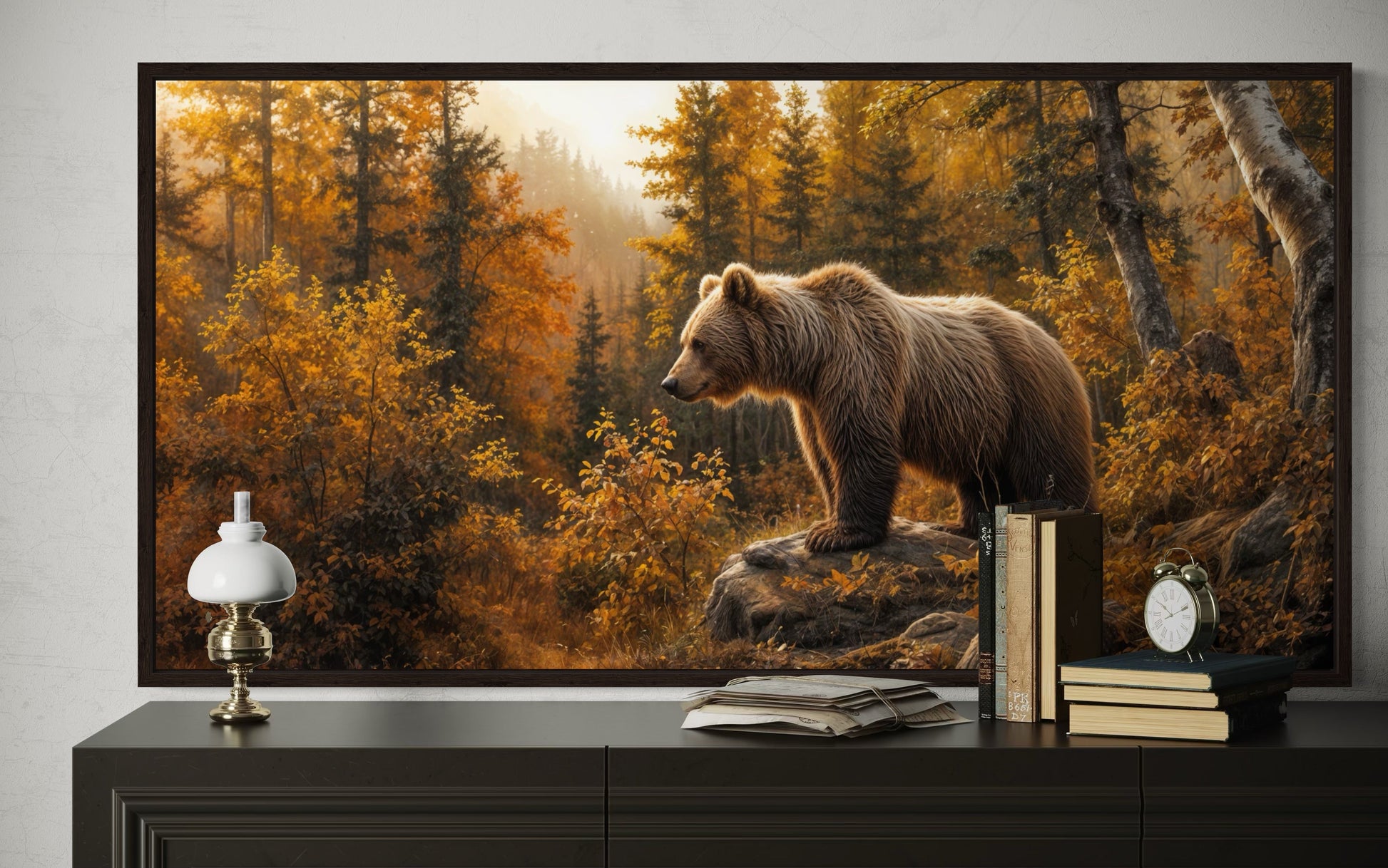 Grizzly Bear In Autumn Forest Photo Style Painting Canvas Wall Art For Cabin Decor