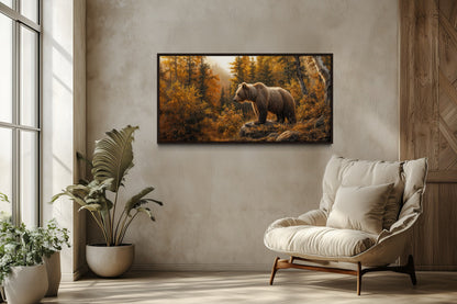 Grizzly Bear In Autumn Forest Photo Style Painting Canvas Wall Art For Cabin Decor