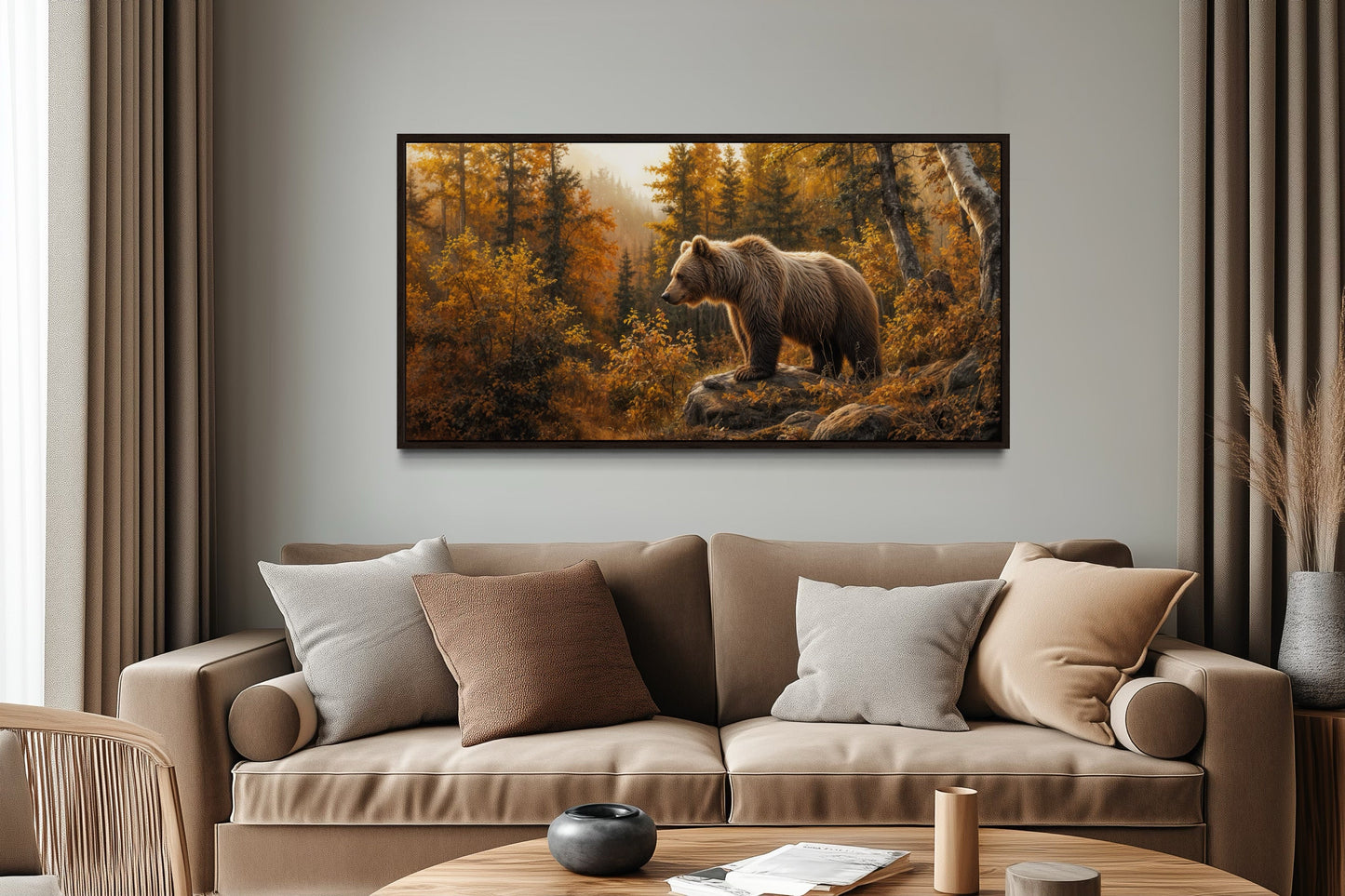 Grizzly Bear In Autumn Forest Photo Style Painting Canvas Wall Art For Cabin Decor