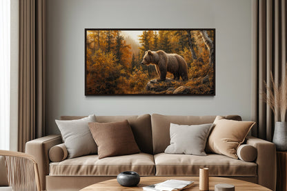 Grizzly Bear In Autumn Forest Photo Style Painting Canvas Wall Art For Cabin Decor