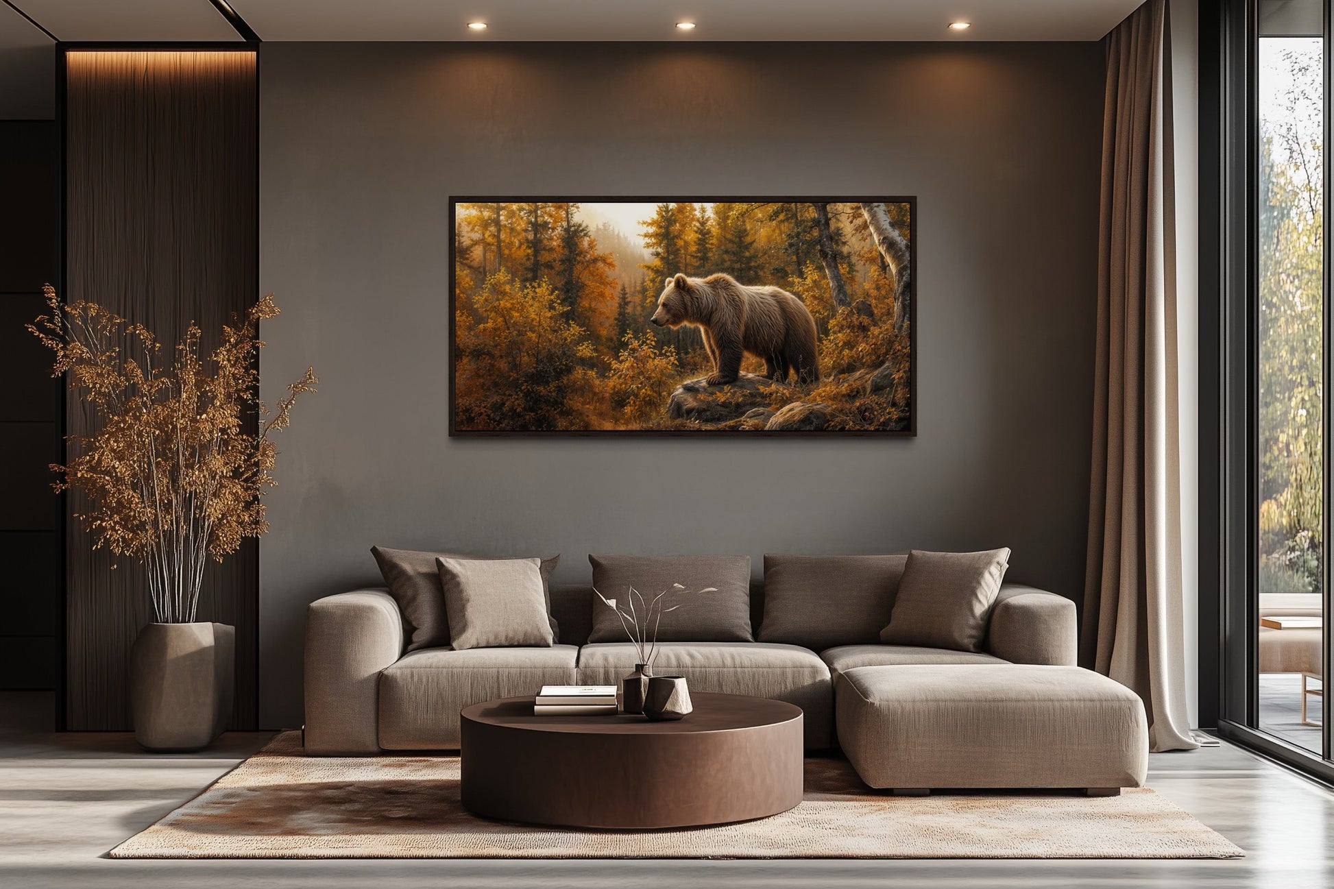Grizzly Bear In Autumn Forest Photo Style Painting Canvas Wall Art For Cabin Decor
