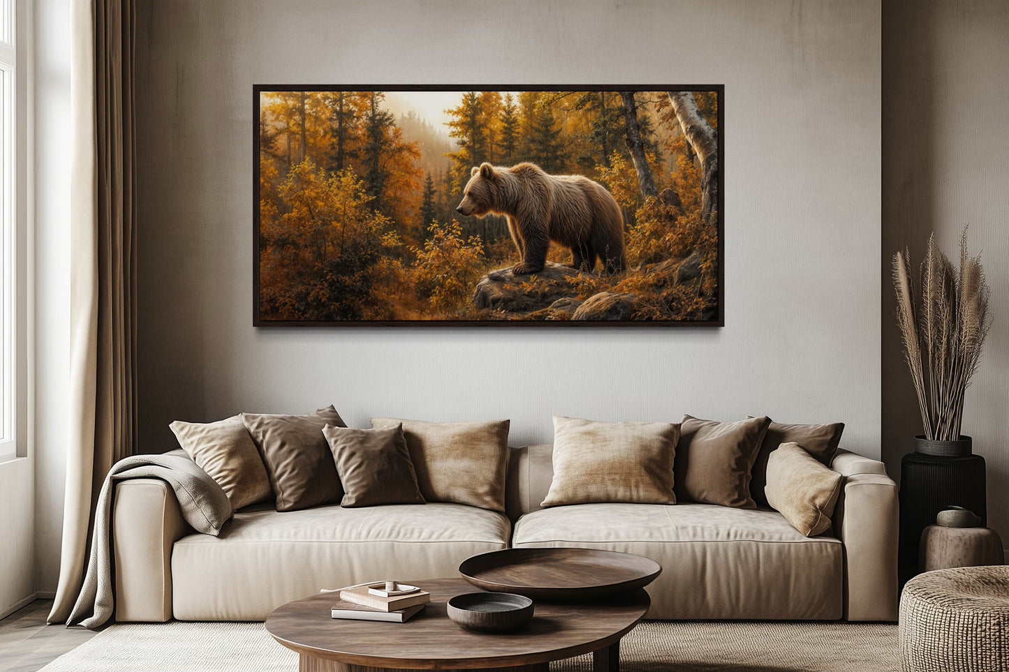 Grizzly Bear In Autumn Forest Photo Style Painting Canvas Wall Art For Cabin Decor