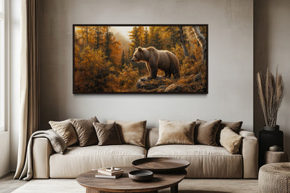 Grizzly Bear In Autumn Forest Photo Style Painting Canvas Wall Art For Cabin Decor