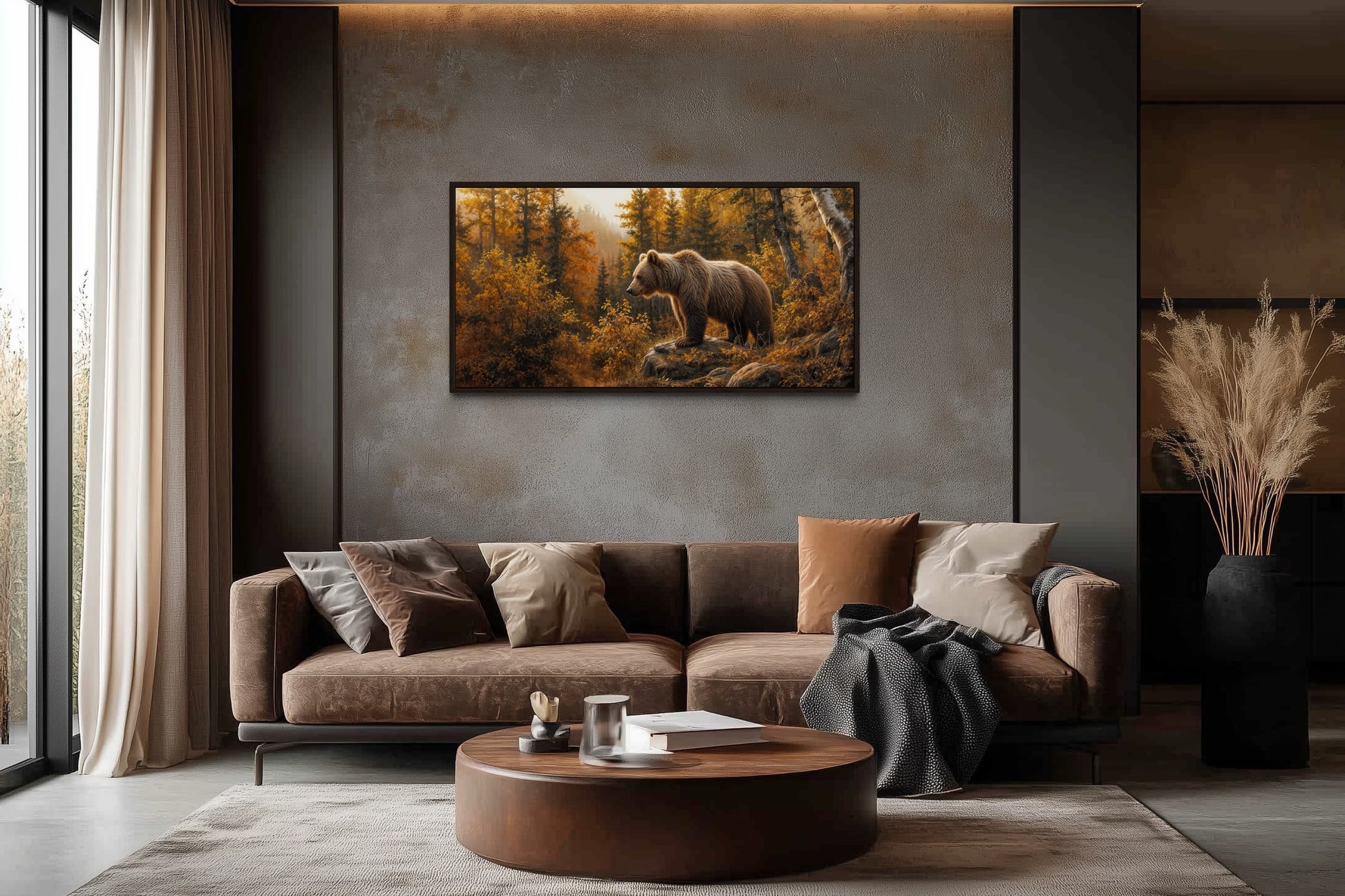 Grizzly Bear In Autumn Forest Photo Style Painting Canvas Wall Art For Cabin Decor