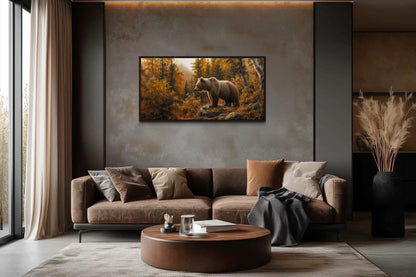 Grizzly Bear In Autumn Forest Photo Style Painting Canvas Wall Art For Cabin Decor