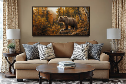 Grizzly Bear In Autumn Forest Photo Style Painting Canvas Wall Art For Cabin Decor