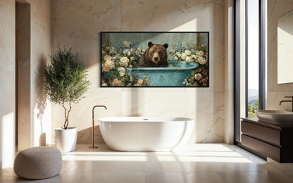 Bear In Bathtub With Flowers Canvas Wall Art