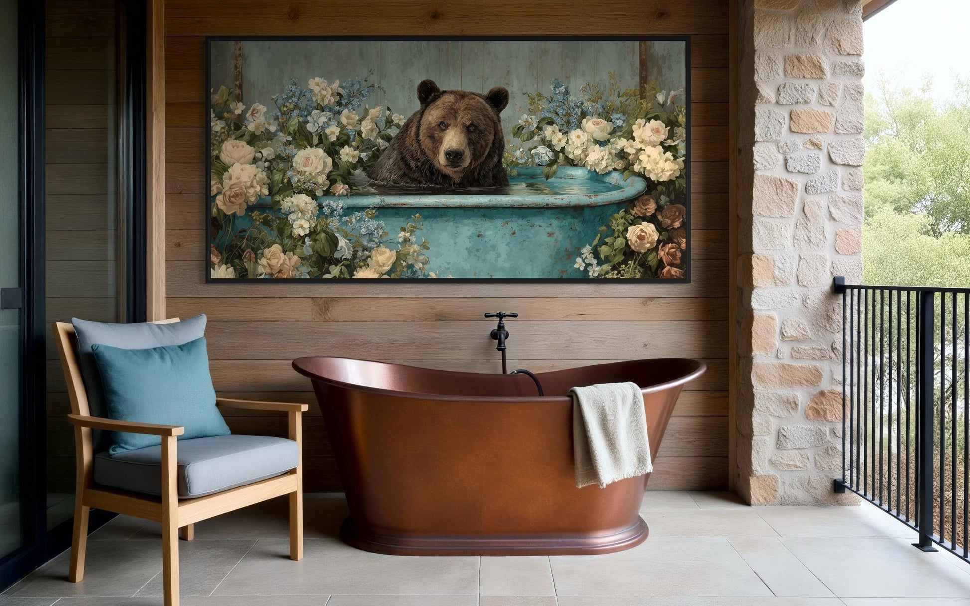 Bear In Bathtub With Flowers Canvas Wall Art