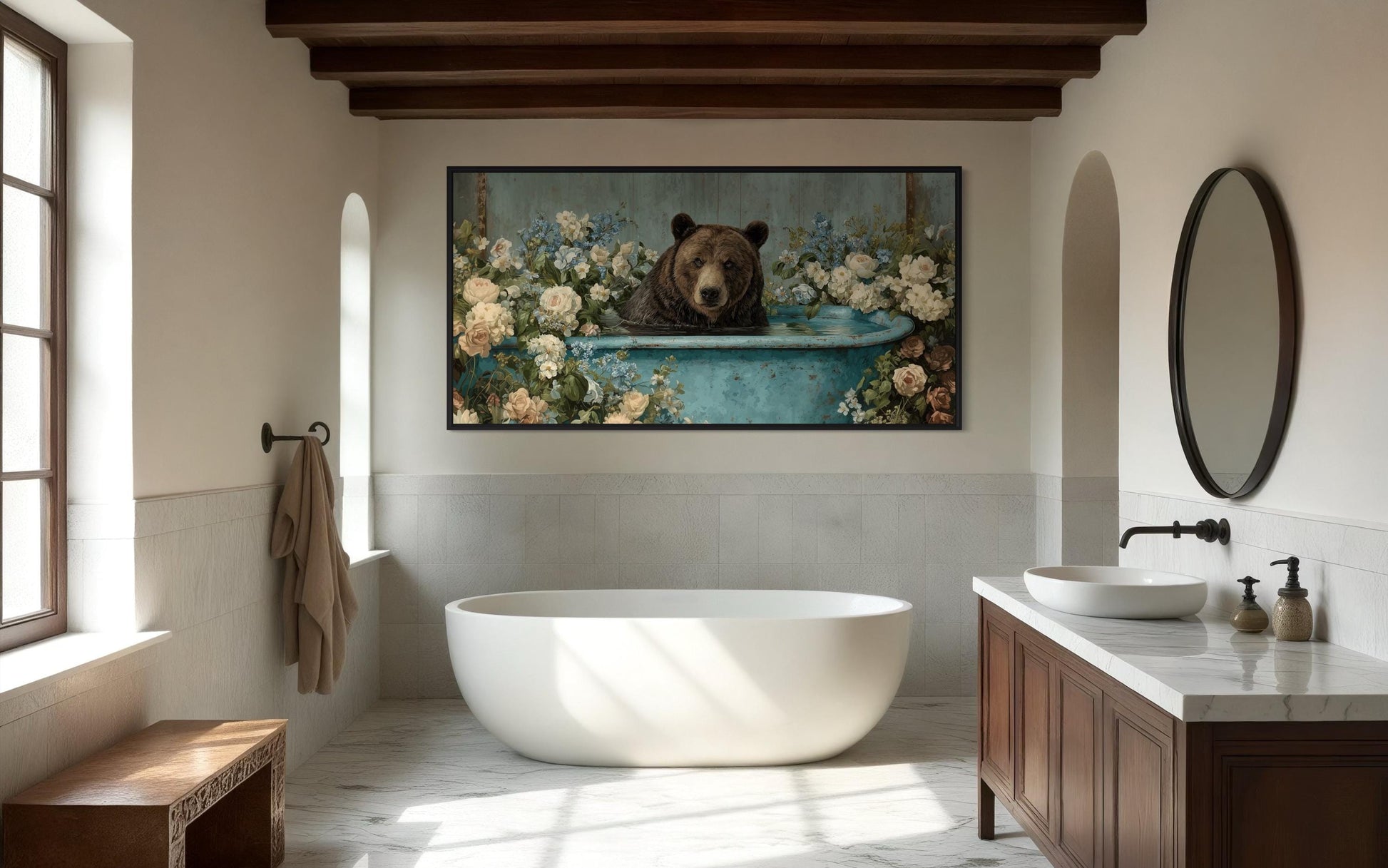 Bear In Bathtub With Flowers Canvas Wall Art