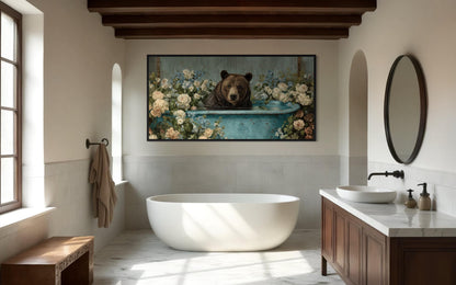 Bear In Bathtub With Flowers Canvas Wall Art