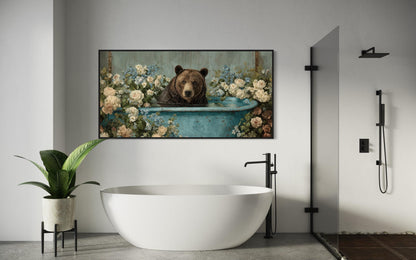 Bear In Bathtub With Flowers Canvas Wall Art