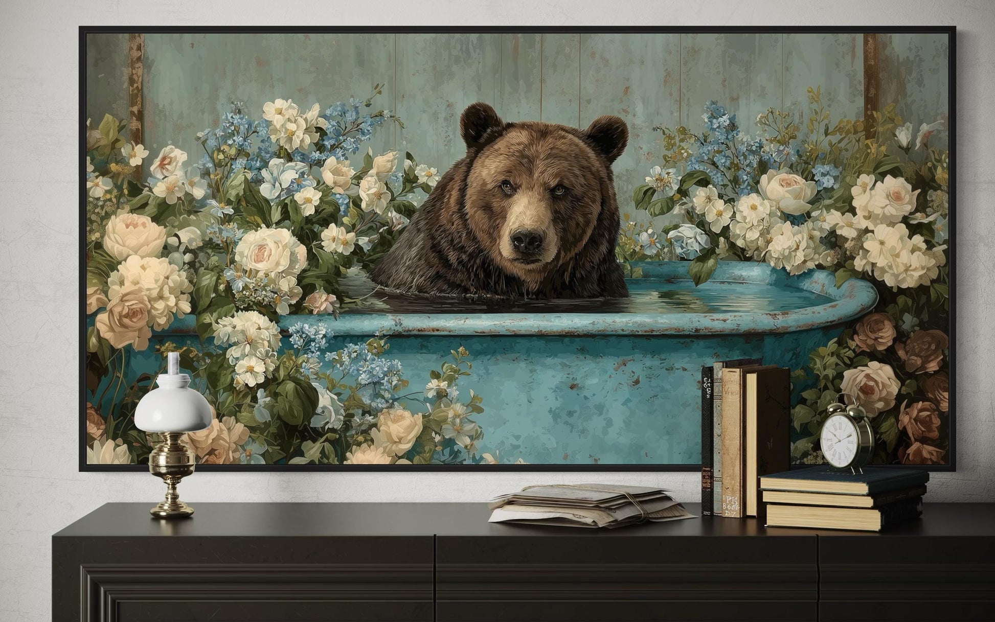 Bear In Bathtub With Flowers Canvas Wall Art