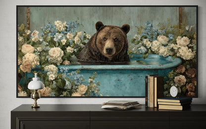 Bear In Bathtub With Flowers Canvas Wall Art