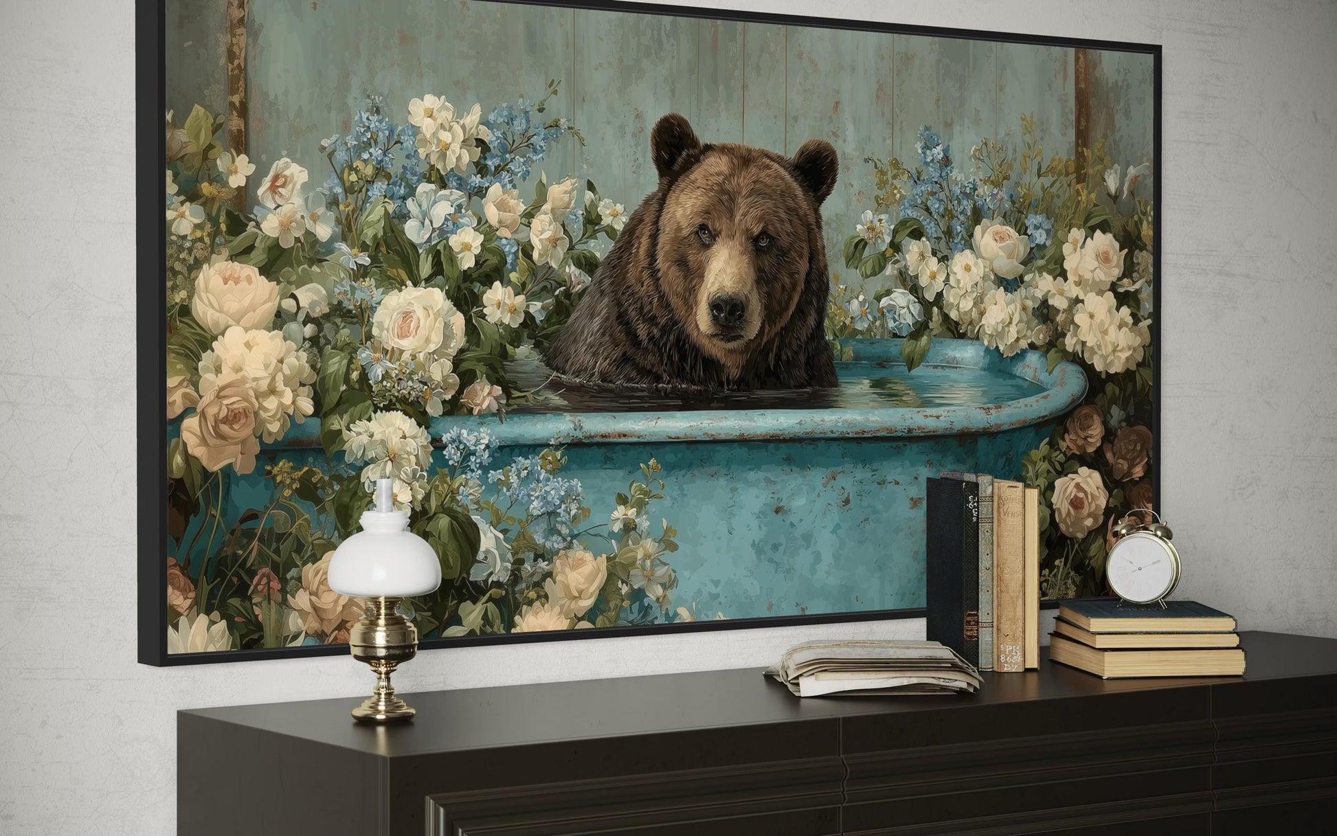 Bear In Bathtub With Flowers Canvas Wall Art