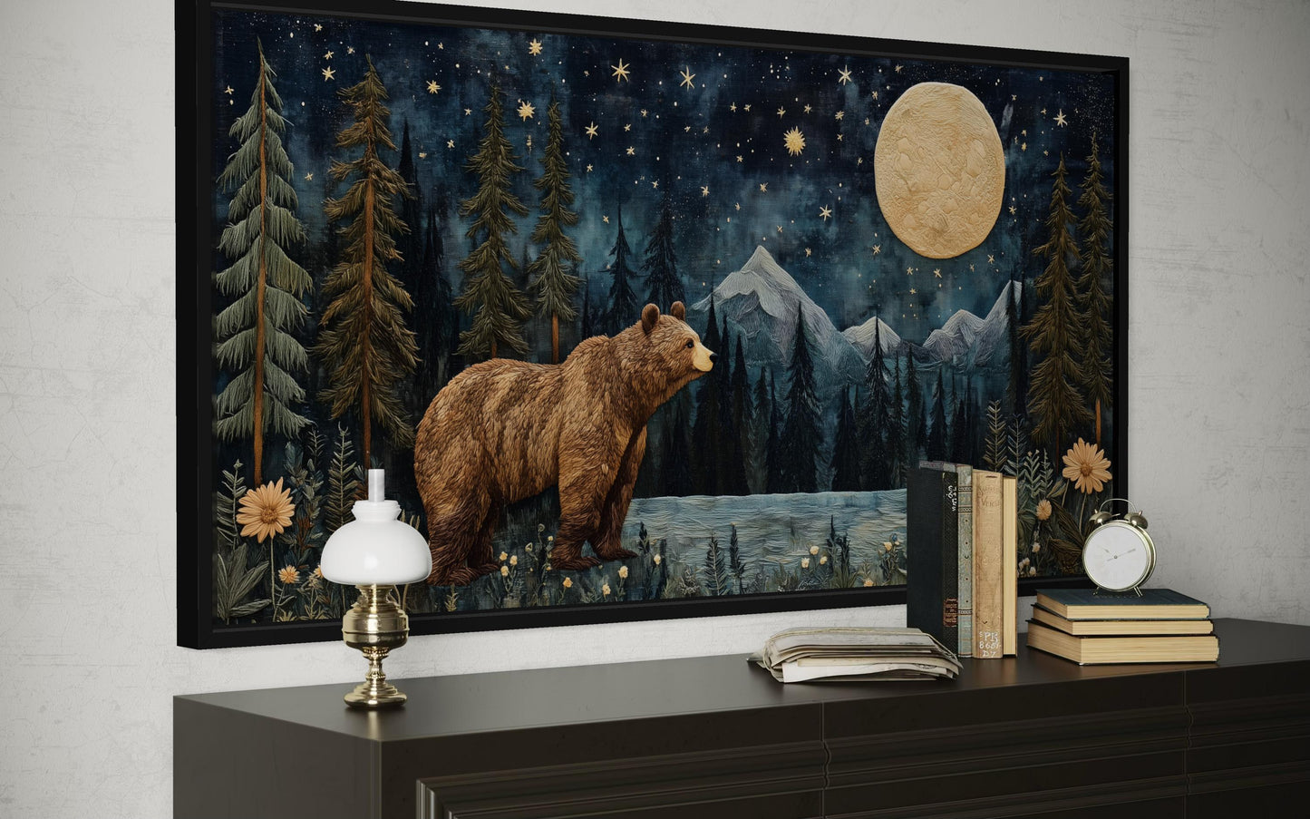 Bear In Night Forest Wall Art Canvas Print With Full Moon & Mountain Landscape