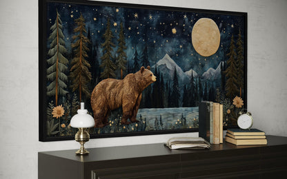 Bear In Night Forest Wall Art Canvas Print With Full Moon & Mountain Landscape