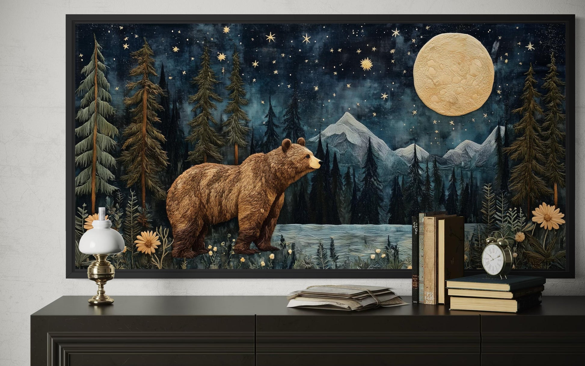 Bear In Night Forest Wall Art Canvas Print With Full Moon & Mountain Landscape
