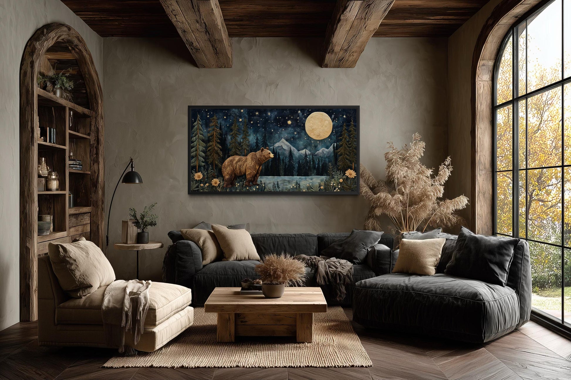Bear In Night Forest Wall Art Canvas Print With Full Moon & Mountain Landscape