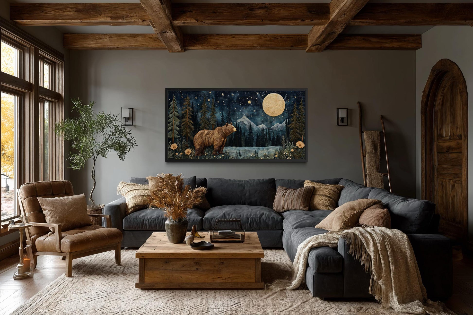 Bear In Night Forest Wall Art Canvas Print With Full Moon & Mountain Landscape