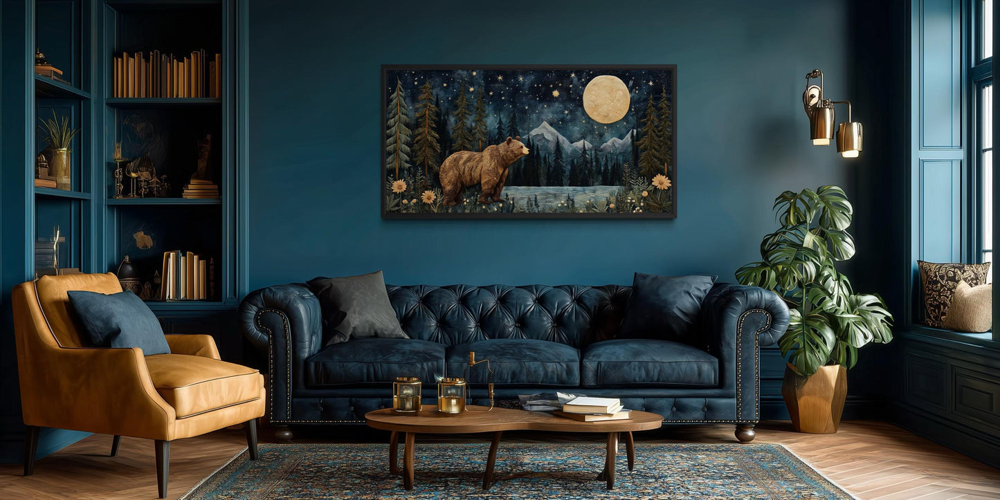 Bear In Night Forest Wall Art Canvas Print With Full Moon & Mountain Landscape