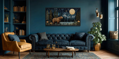 Bear In Night Forest Wall Art Canvas Print With Full Moon & Mountain Landscape