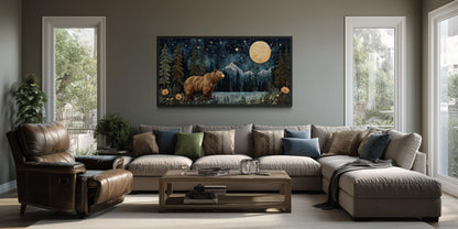Bear In Night Forest Wall Art Canvas Print With Full Moon & Mountain Landscape