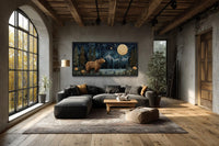 Bear In Night Forest Wall Art Canvas Print With Full Moon & Mountain Landscape