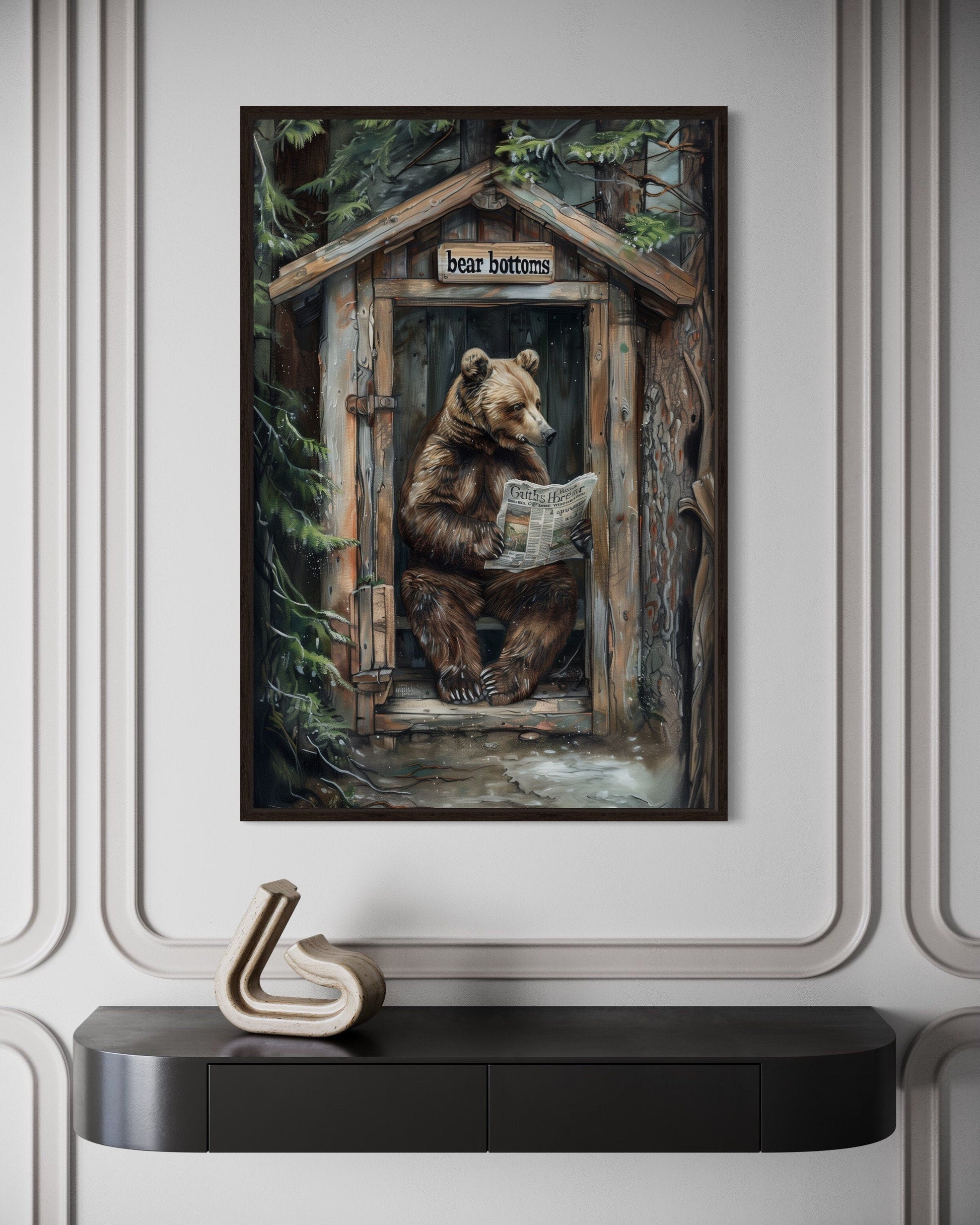 Bear In Outhouse Toilet In The Forest Reading Newspaper Cabin Picture Canvas Wall Art