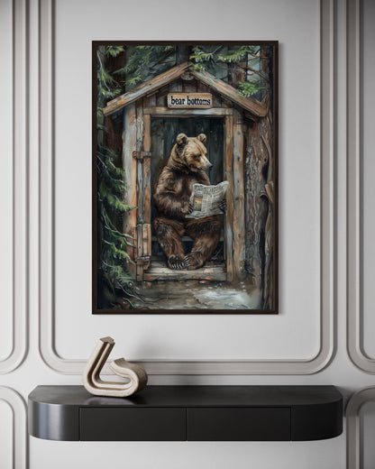 Bear In Outhouse Toilet In The Forest Reading Newspaper Cabin Picture Canvas Wall Art
