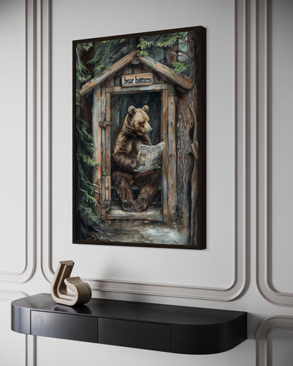Bear In Outhouse Toilet In The Forest Reading Newspaper Cabin Picture Canvas Wall Art