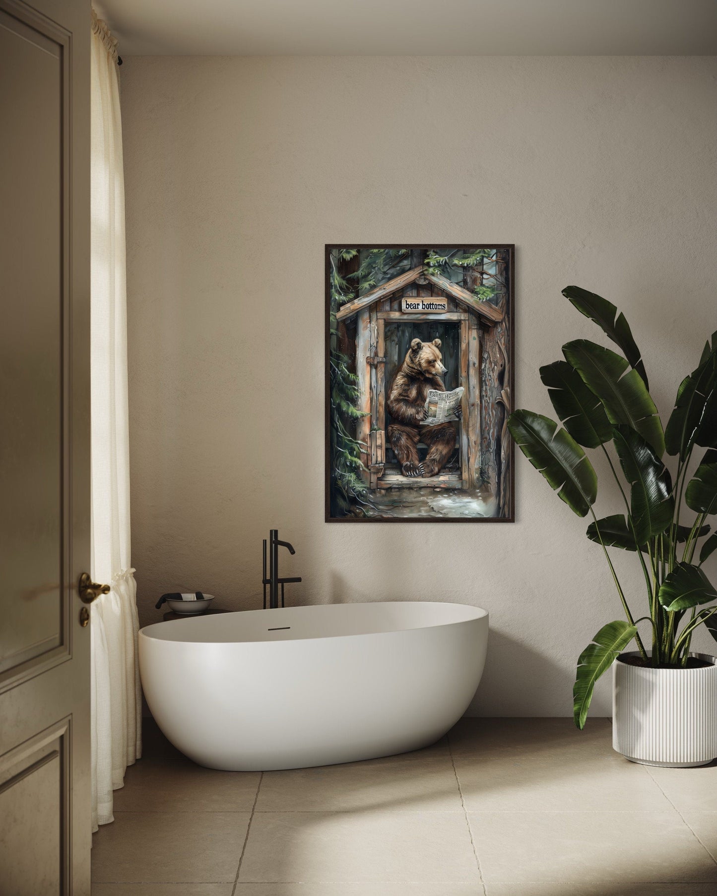 Bear In Outhouse Toilet In The Forest Reading Newspaper Cabin Picture Canvas Wall Art