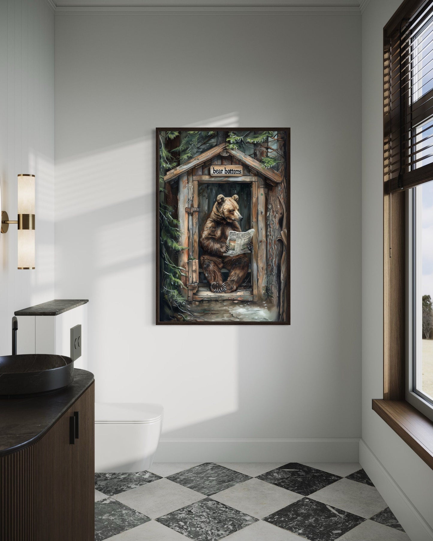 Bear In Outhouse Toilet In The Forest Reading Newspaper Cabin Picture Canvas Wall Art