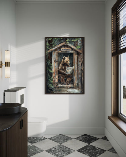 Bear In Outhouse Toilet In The Forest Reading Newspaper Cabin Picture Canvas Wall Art