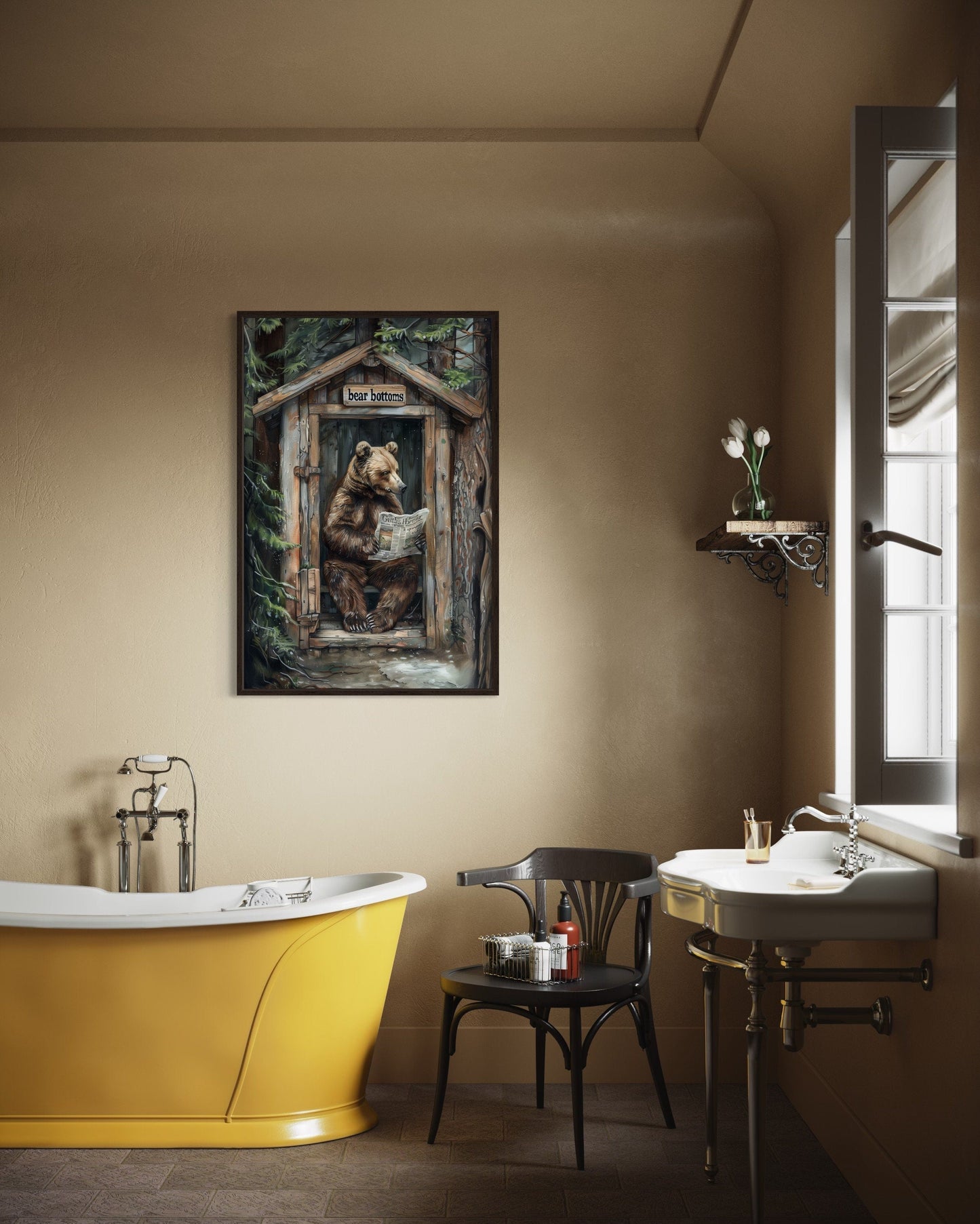 Bear In Outhouse Toilet In The Forest Reading Newspaper Cabin Picture Canvas Wall Art