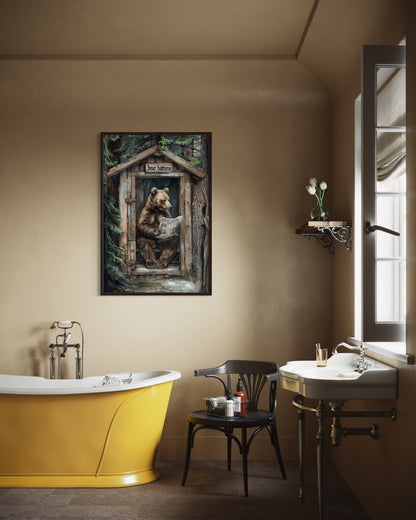Bear In Outhouse Toilet In The Forest Reading Newspaper Cabin Picture Canvas Wall Art