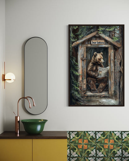 Bear In Outhouse Toilet In The Forest Reading Newspaper Cabin Picture Canvas Wall Art