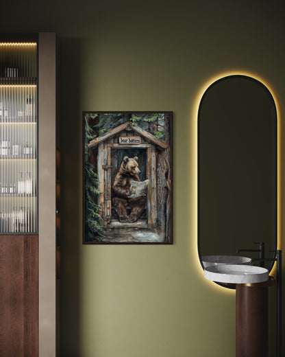 Bear In Outhouse Toilet In The Forest Reading Newspaper Cabin Picture Canvas Wall Art