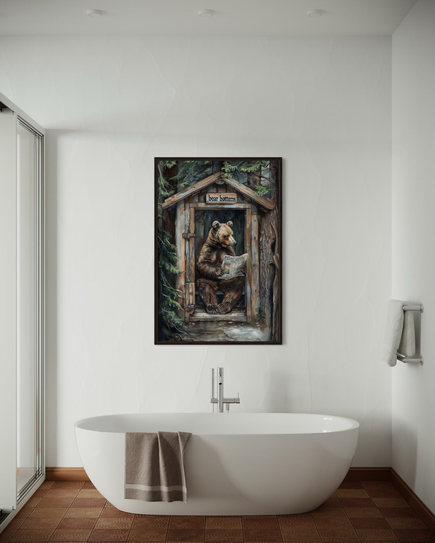 Bear In Outhouse Toilet In The Forest Reading Newspaper Cabin Picture Canvas Wall Art