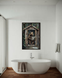 Bear In Outhouse Toilet In The Forest Reading Newspaper Cabin Picture Canvas Wall Art