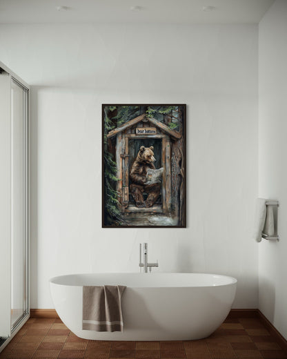 Bear In Outhouse Toilet In The Forest Reading Newspaper Cabin Picture Canvas Wall Art
