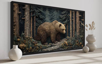 Bear In The Forest Vintage Tapestry Style Framed Canvas Wall Art
