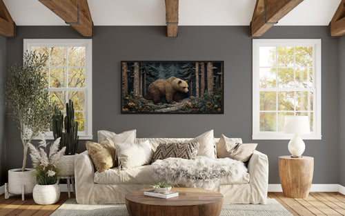 Bear In The Forest Vintage Tapestry Style Framed Canvas Wall Art