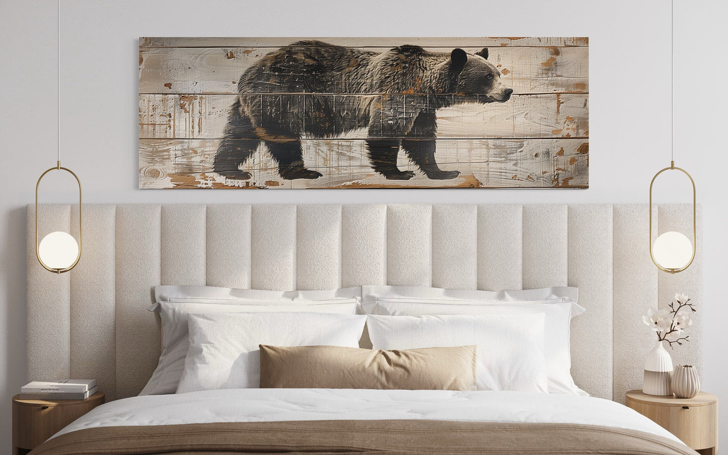Bear Painted On Wood Long Horizontal Framed Canvas Wall Art For Cabin Decor